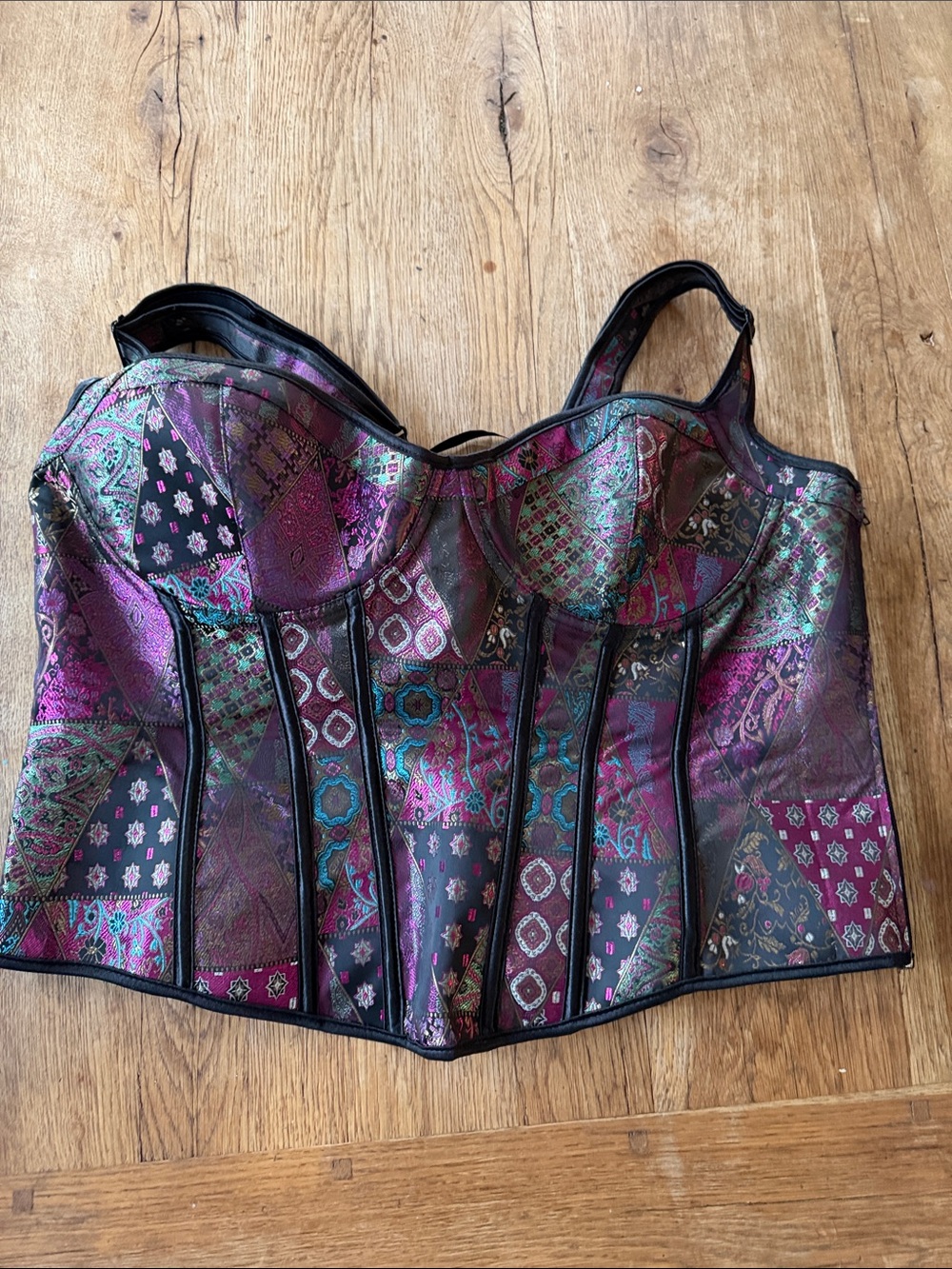 Elegant Patchwork Jacquard Bustier Corset Top - Purple Teal size 6XL